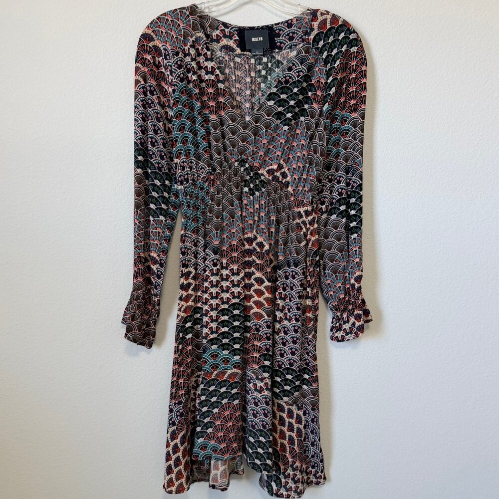 MAEVE Long Sleeve V-Neck Multicolor "Monaco Empire Fan Print" Dress Size XS